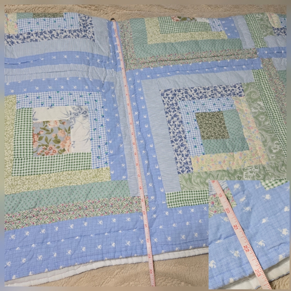 Vintage Log Cabin Lap Quilt stripe logcabin block squares blue green crib quilt - Picture 12 of 14